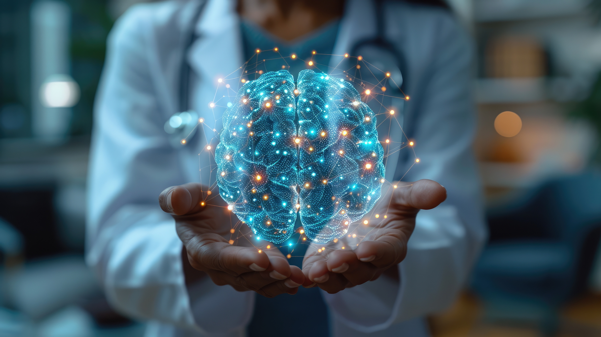 Mains mettant en avant un hologramme d'un cerveau